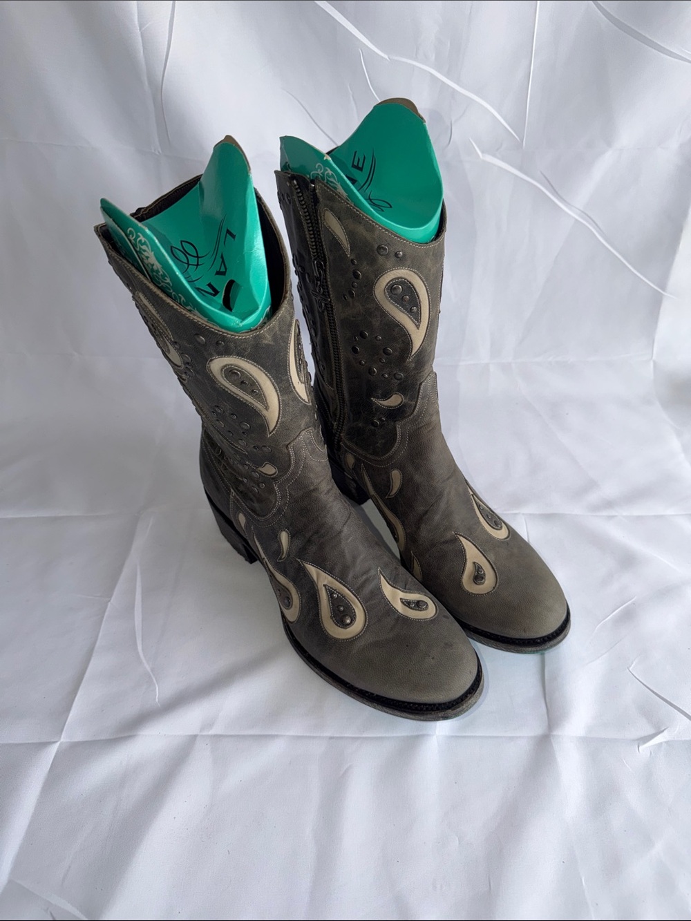 Lane Boots Sweet Paisley Distressed Gray Leather Inlay Studded Cowboy Boots